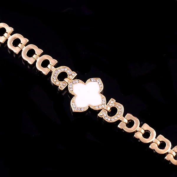 White 4 Leaf Shape Gem 14k Yellow Gold Filled Bracelet