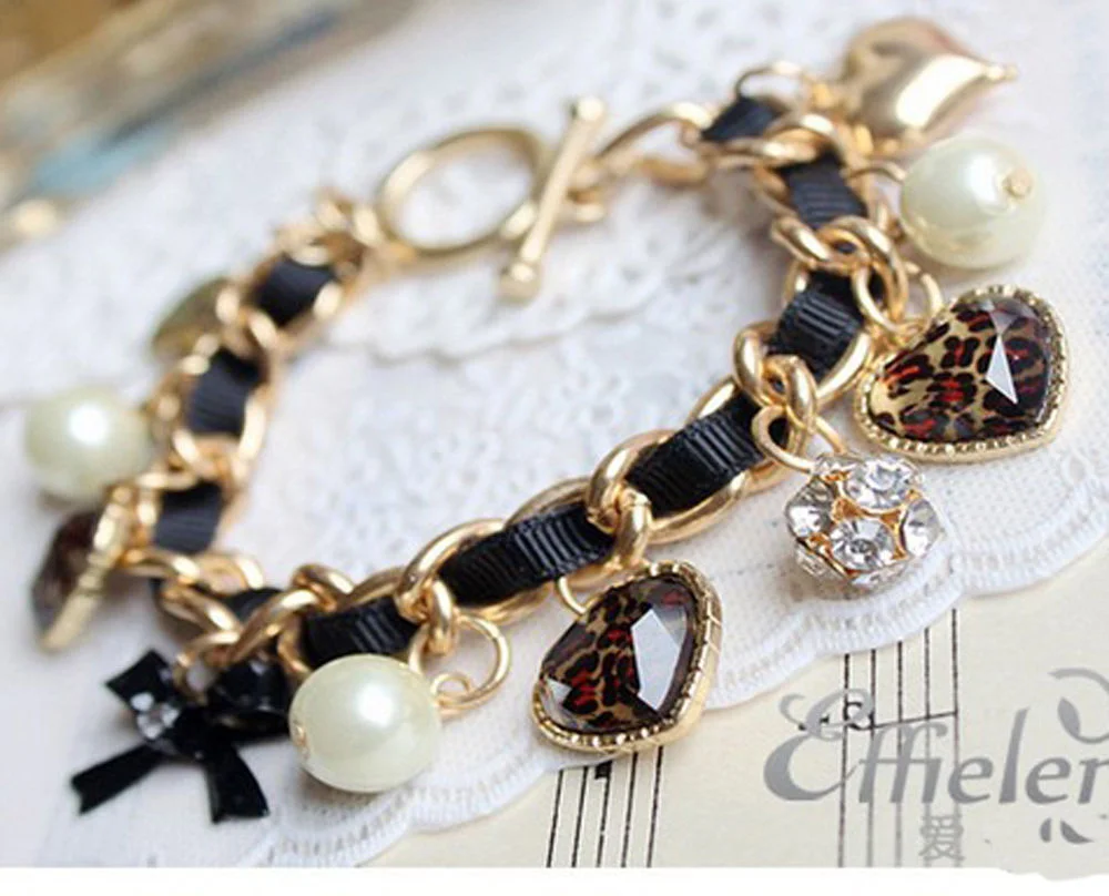 Elegant Gold Metal Heart Pearl Crystal Beads Black Bracelet
