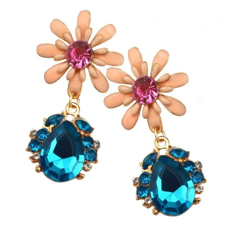 Gold Plated Pink Enamel Flower Earrings Big Blue Crystal Drop Ear Studs