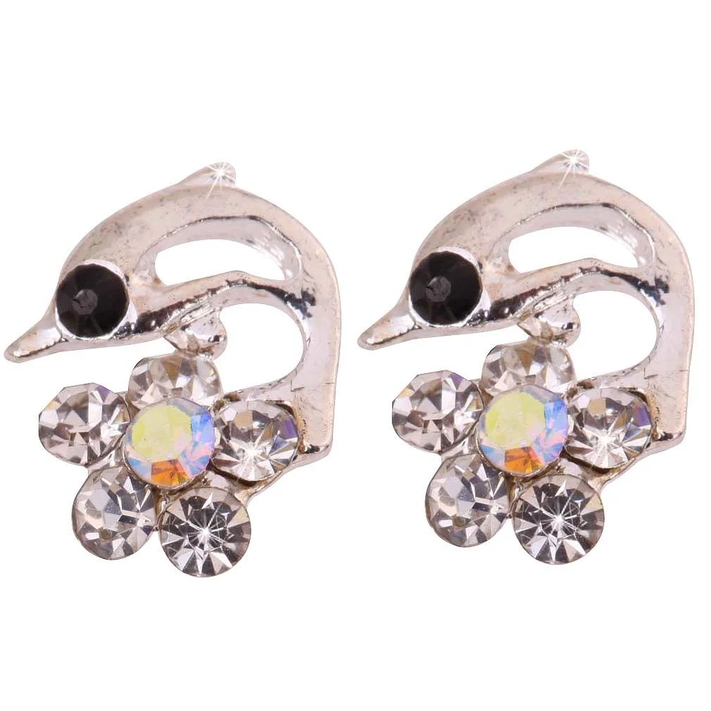 Hollow Dolphin Design Flower Crystal Inlay Silver Earrings