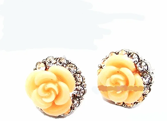 Silver Plated Coral Rose Flower Clear Crystal Stud Earrings
