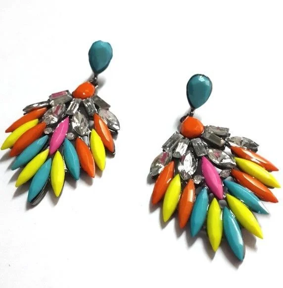 Fashion Colorful Resin Drop Crystal Leaf Big Dangle Earrings Stud