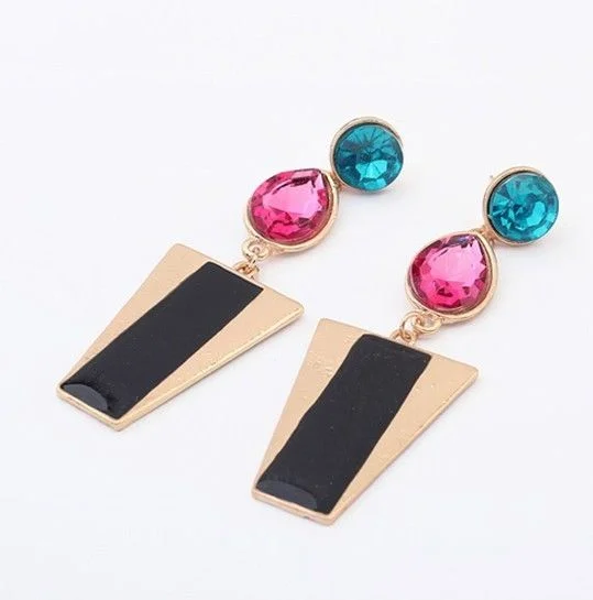 Crystal Drop Black Enamel Geometry Dangle Golden Earrings Stud