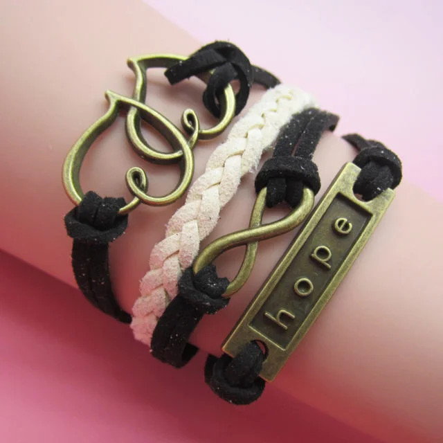 Infinity Hope Love Leather Cute Charm Bracelet Black Silver DIY