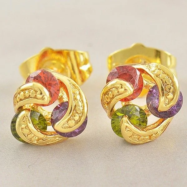 10K Gold Filled Multi Color CZ 3-Stone Rolling Stud Earrings