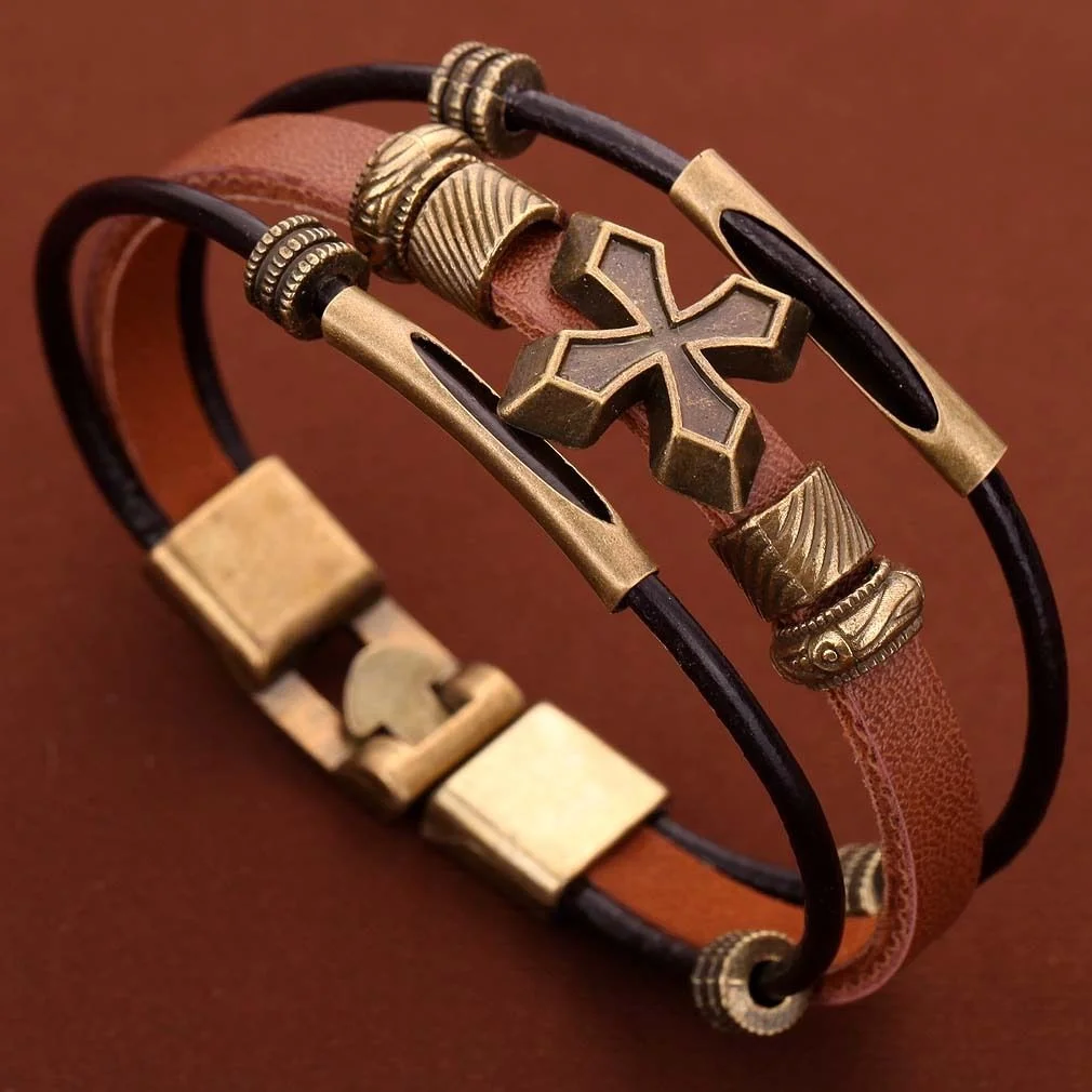 Multi-Layer Brown PU Leather Bronze Knight's Cross Wristband Bracelet