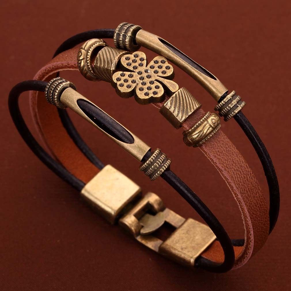 Multi-Layer Brown PU Leather Bronze Four Leaf Clover Wristband Bangle Bracelet