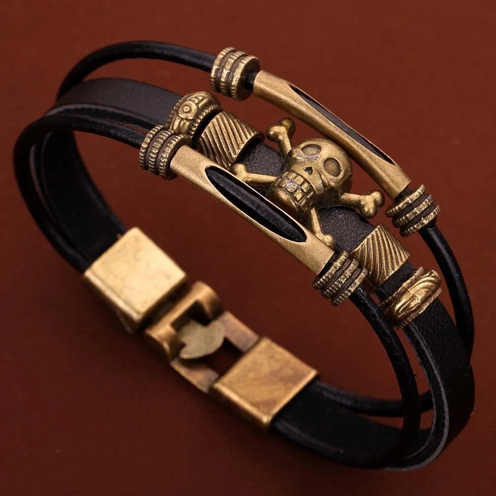 Multi-Layer Black PU Leather Bangle Bronze Skull Wristband Bracelet