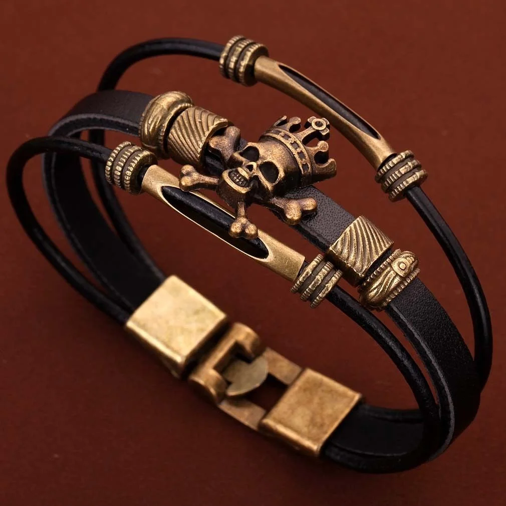 Retro Black PU Leather Bronze King Leoric Wristband Bangle Bracelet