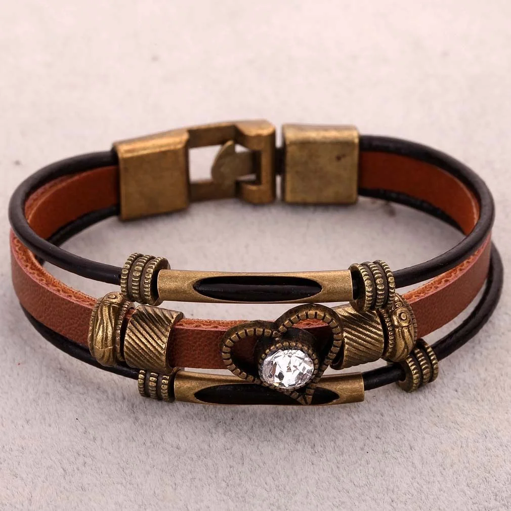 Bronze Heart Round Crystal Inlay Brown Leather Bangle Bracelet