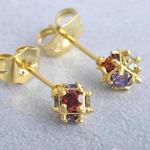 6mm Ball Stud Earrings Multi Color CZ 10K Yellow Gold Filled