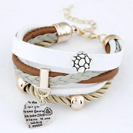 Jewelry Charm Brown White Leather Heart Pendant Bracelet