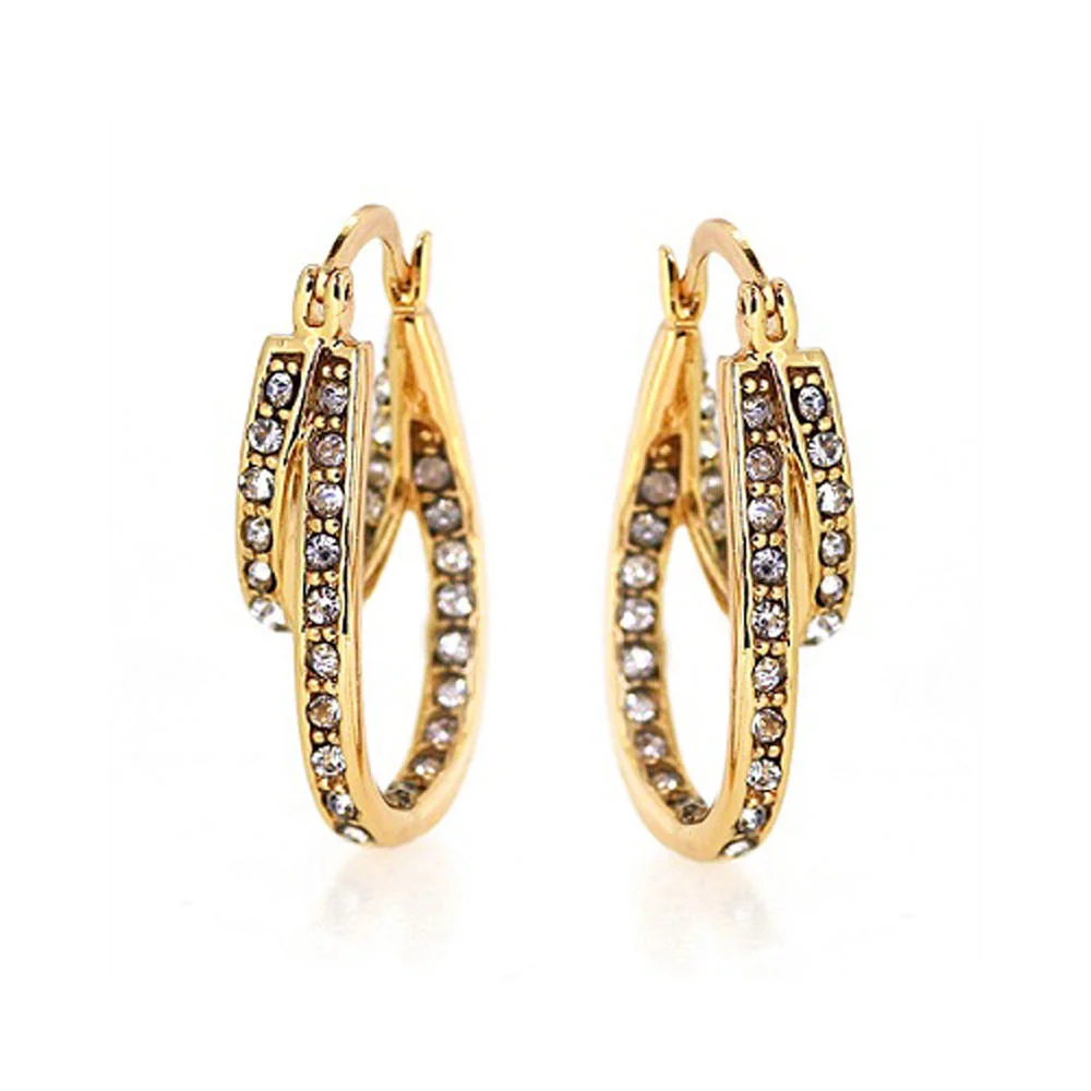10k Yellow Gold Filled  Brilliant Crystal Solid Double Hoop Earrings