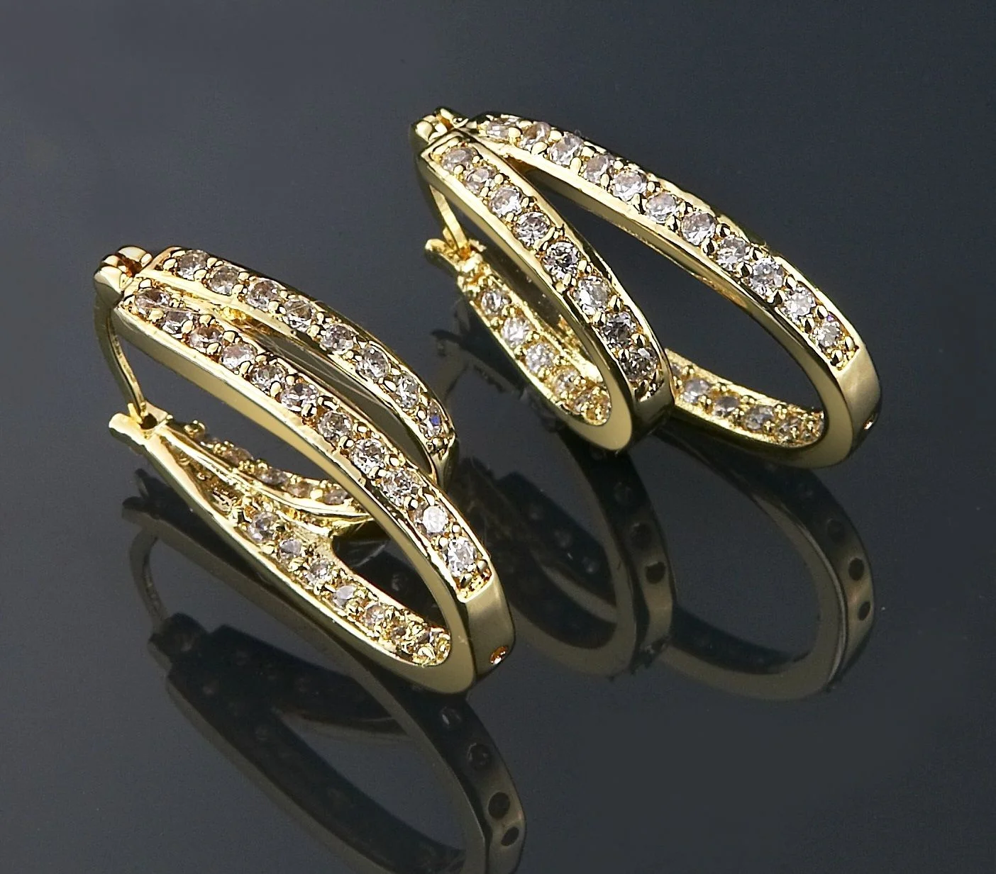 10k Yellow Gold Filled  Brilliant Crystal Solid Double Hoop Earrings