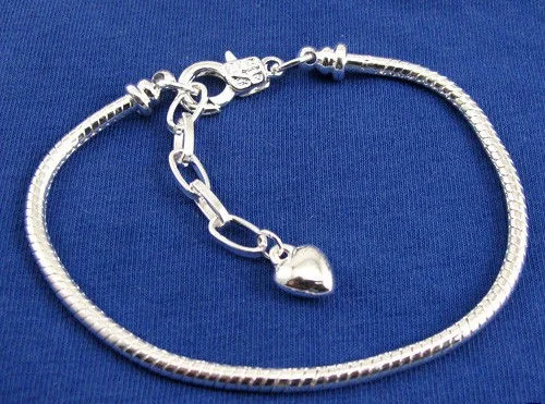 Silver Heart Charms Lobster Clasp Snake Chain Bracelet Fit Beads