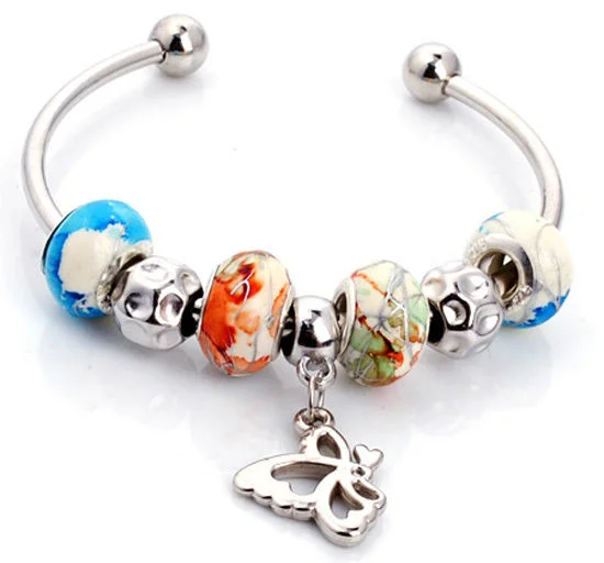 Lampwork Glass Silver Plated European Beaded Charm Bracelet Bangle