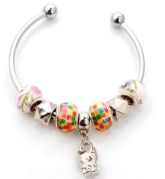 Lampwork Glass Silver Plated European Beaded Charm Bracelet Bangle