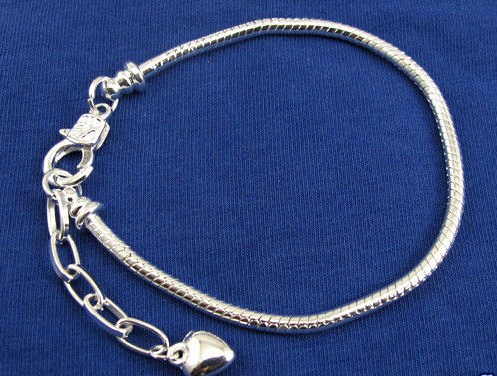 Silver Heart Charms Lobster Clasp Snake Chain Bracelet Fit Beads
