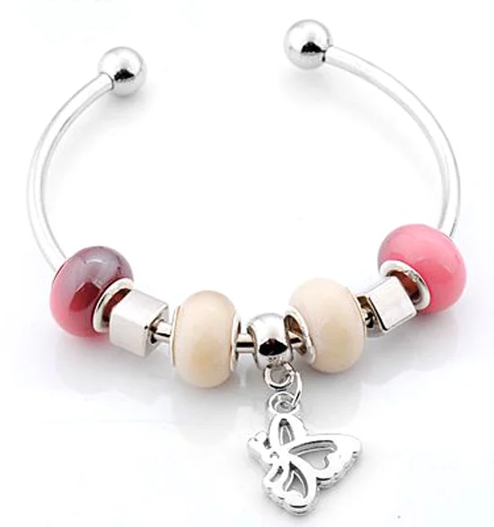 Lampwork Glass Silver Plated European Beaded Charm Bracelet Bangle