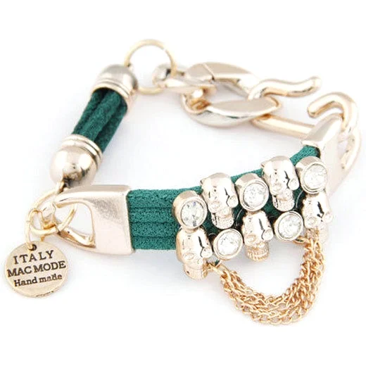 Green Rope Gold Skull Crystal Pendant Bracelet