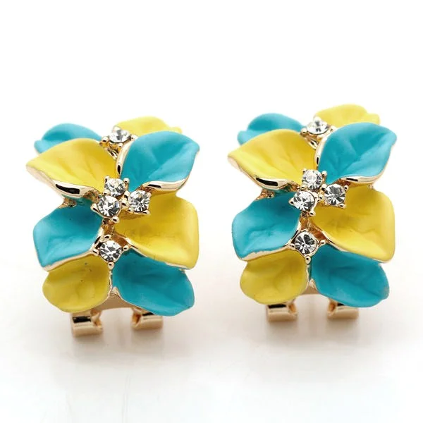 18K Gold Plated Yellow&Blue Flower Crystals Stud Earrings Fashion Jewelry