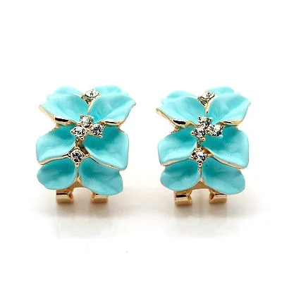 18K Gold Plated Light Blue Flower Crystals Stud Earrings Fashion Jewelry