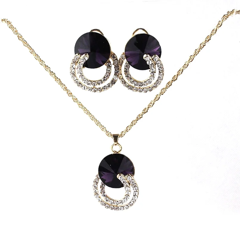 14k Gold Filled Purple Amethyst Austrian Crystal Necklace Earrings Set