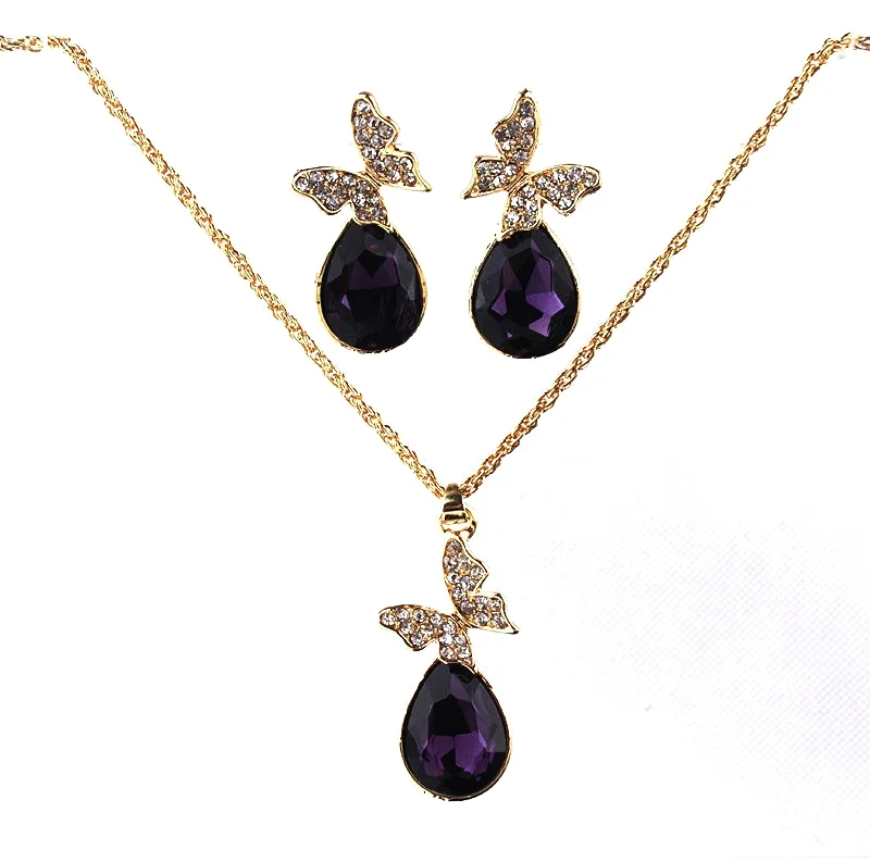 14k Gold Filled Bowknot Austrian Crystal Amethyst Necklace Earrings Set