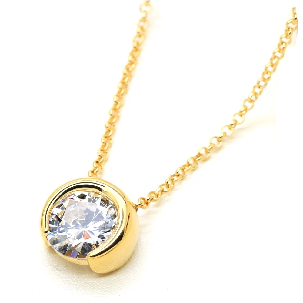 18K Gold Plated Round CZ Cubic Zirconia Pendant Necklace 45CM 18"
