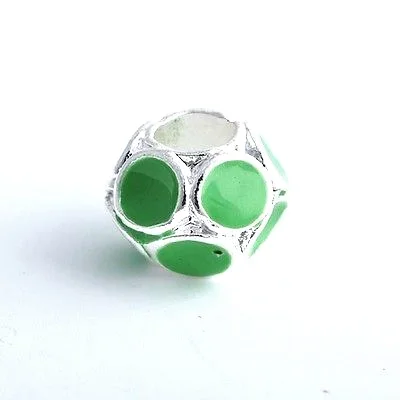 9K White GF Silver Green Enamel Beads Fit Charm