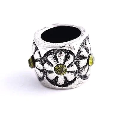  9K White GF Silver Olive CZ &nbsp;Flower Beads Fit Charm&nbsp;  Price $9.99 &nbsp;Item #00521 Details Metal:9K Real Gold Filled/Silver Stone:Cubic Zirconia 2*2 mm Size(Max. Length*Max. Width):9*7 mm 