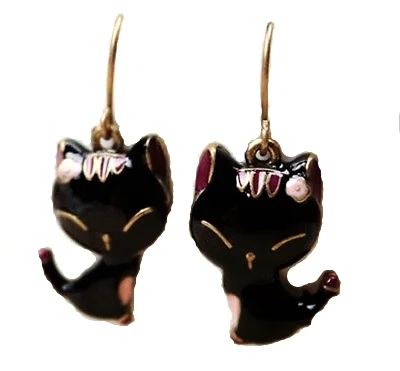 Enamel Style Black Cat Cute Vintage Stud Earrings