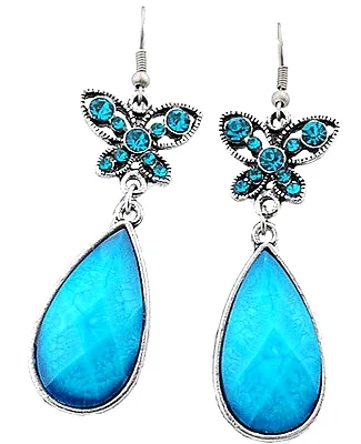 Blue Tibetan Silver Crystal Beaded Dangle Earrings