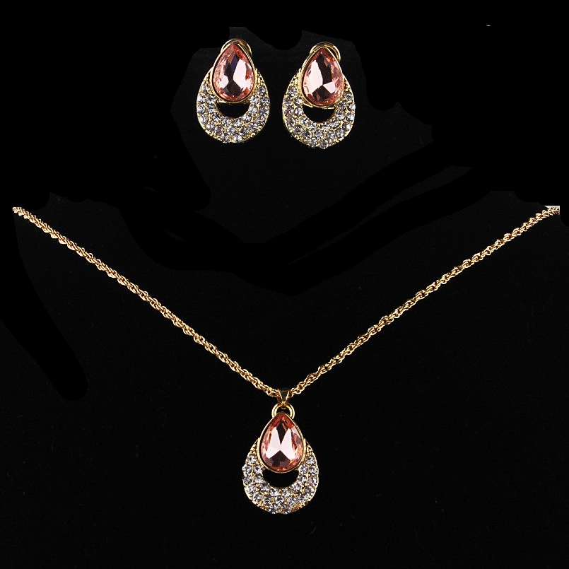 14k Gold Filled Austrian Crystal Champagne Sapphire Necklace Earrings Set