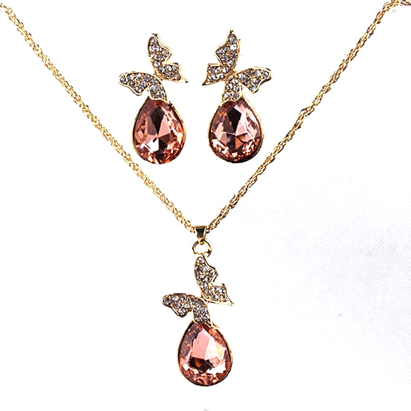 14k Gold Filled Austrian Crystal Champagne Sapphire Necklace EarringsSet