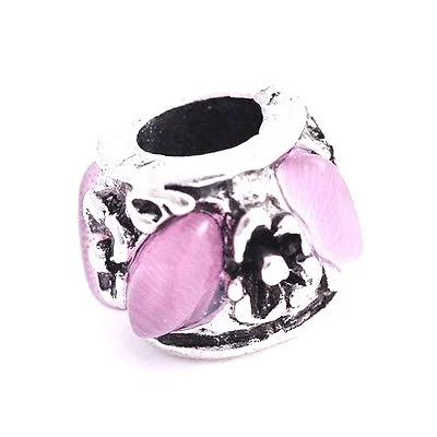 Beads 9K White GF,Silver Pink Oval Opal Fit European Charm