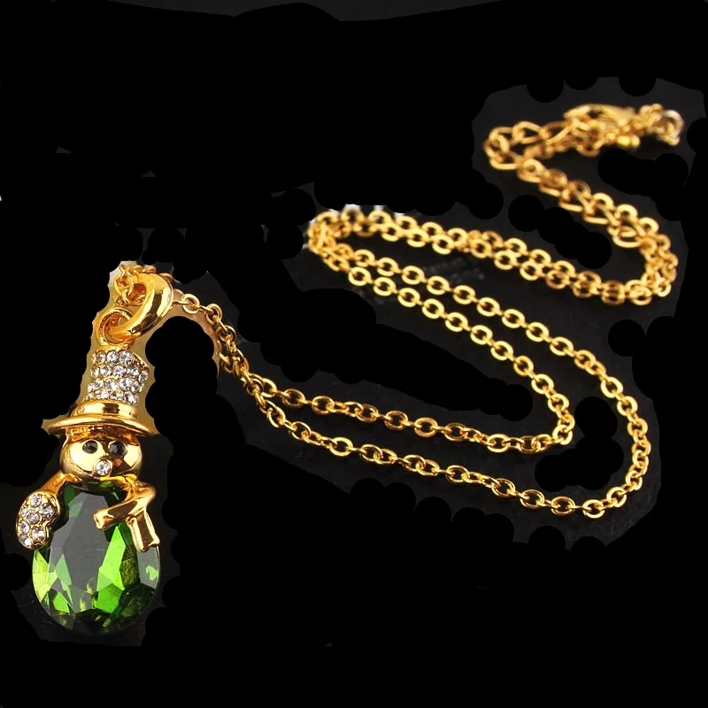 14k Gold Filled Austrian Crystal Emerald Snowman Pendant Necklace