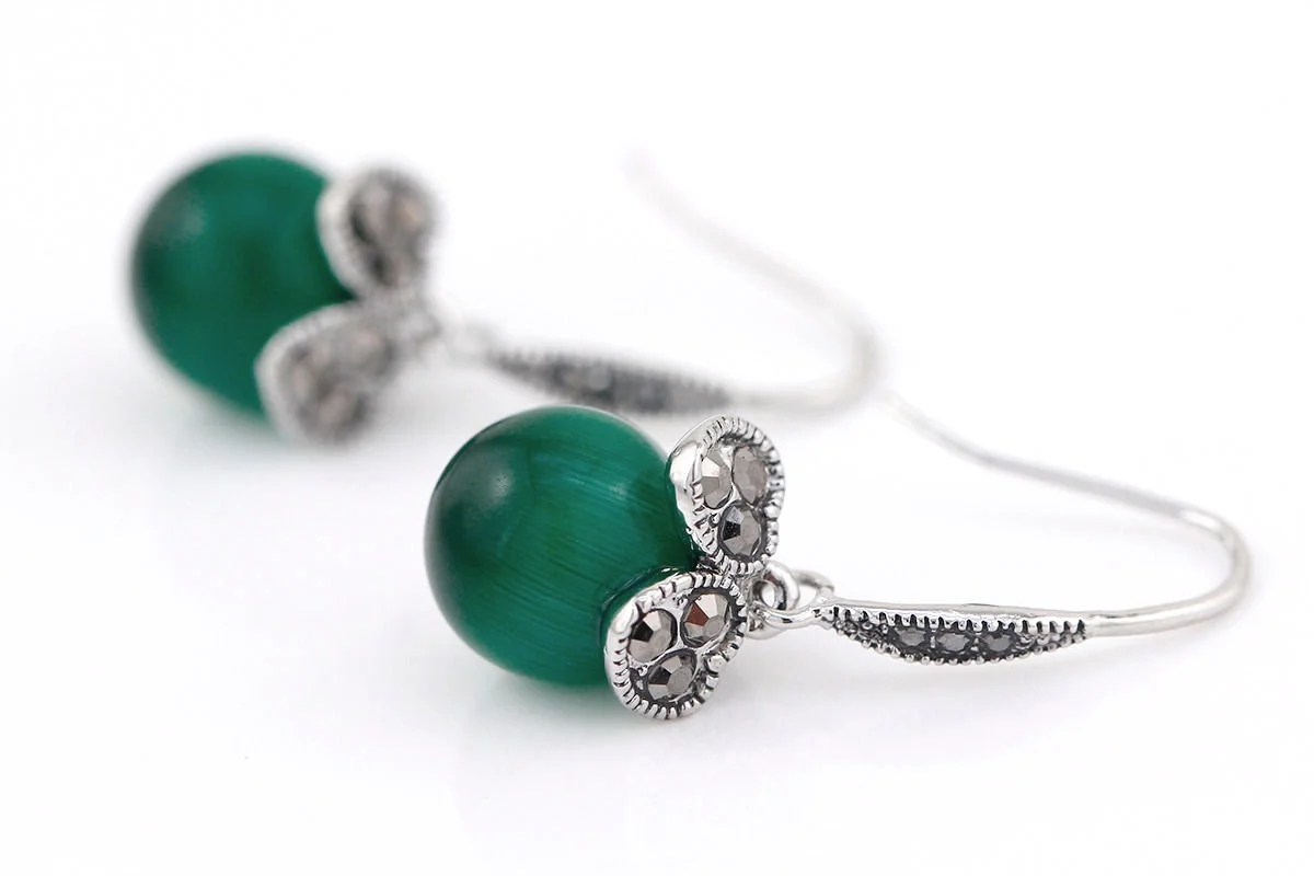 18K White Gold Plated Emerald Green Opal Leaf Dangle Hook Earrings