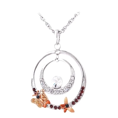 White Gold Plated Enamel Alloy Pendant Necklace Rhinestone Inlaid