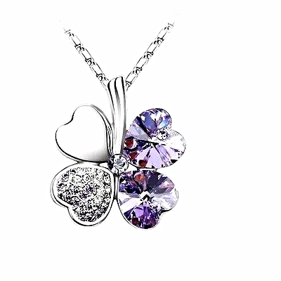 Purple 18k White Gold Plated Four-Leaf Clover Crystal Chain Necklace
