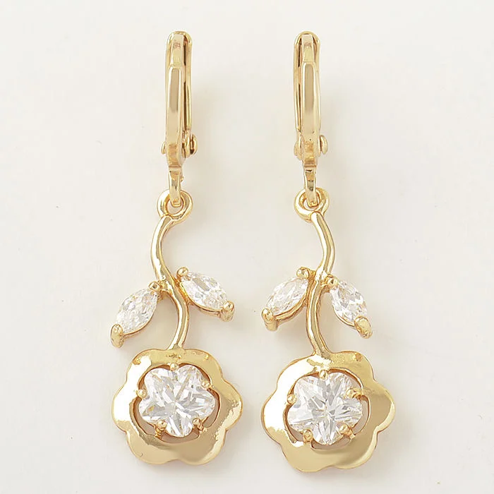 10k Yellow Gold Filled Clear Leaf CZ Flower Dangle Earrings