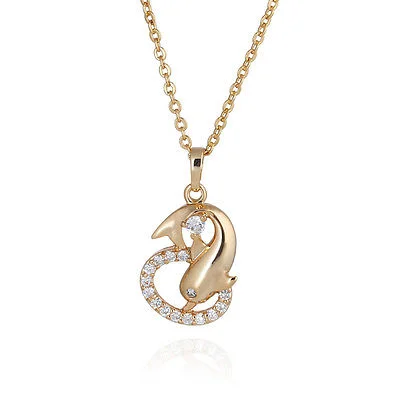 Cut White Topaz Gems 14k Gold Filled Dolphin Pendant Necklace Fashion Jewelry