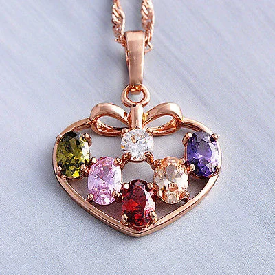 Multi-Color CZ 10k Gold Filled Heart Pendant Water-Wave Chain,