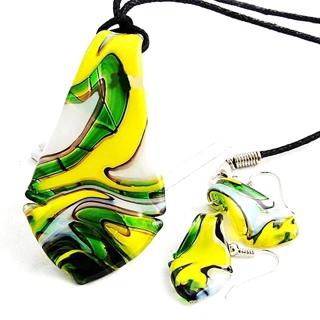 Dichroic Murano Lampwork Glass Leaf Pendant Necklace Earrings Set