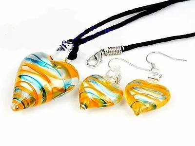 Orange Dichroic Lampwork Glass Love Heart Pendant Necklace Earrings Set