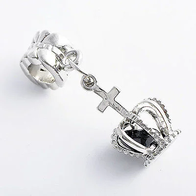 Silver White GF Black CZ Crown+Cross Pendant Fit Charm