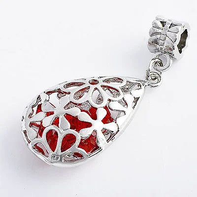 Red CZ Drop Filigree Pendant Charm Silver/ White GF
