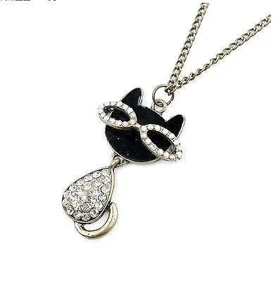 Retro Vintage Style Colorful Rhinestone Cute Kitty Cat Necklace 