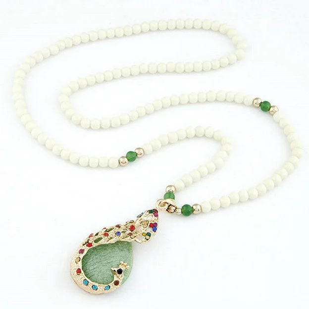 Pearl Metal Necklace Brown Gems Peacock Pendant Chain