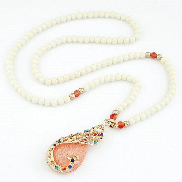 Pearl Metal Necklace Brown Gems Peacock Pendant Chain